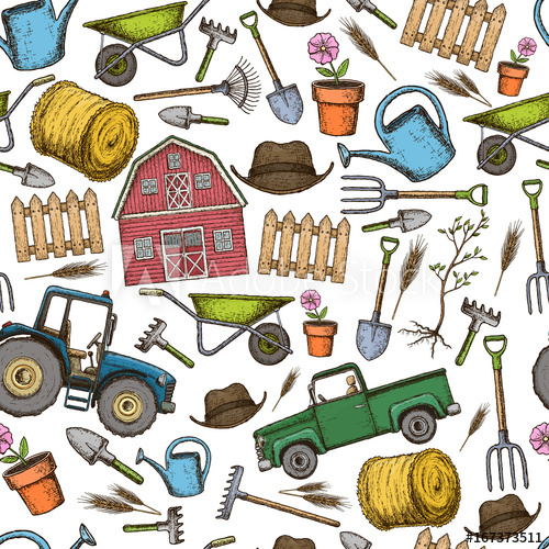 500x500 Seamless Background Of Colorful Sketch Farming Equipment Icons - Colorful Sketch