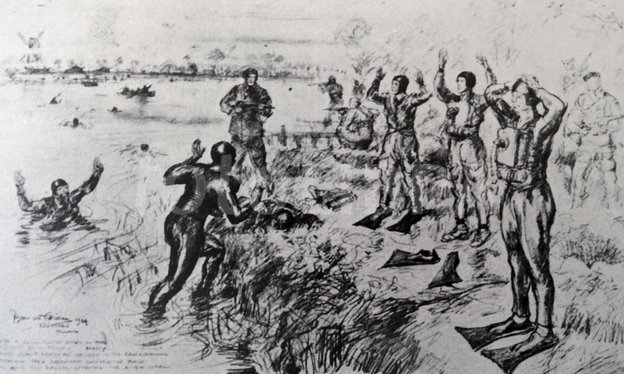 624x374 Sketch Depicting The Capture Of German Combat Swimmers In Nijmegen - Combat Sketch