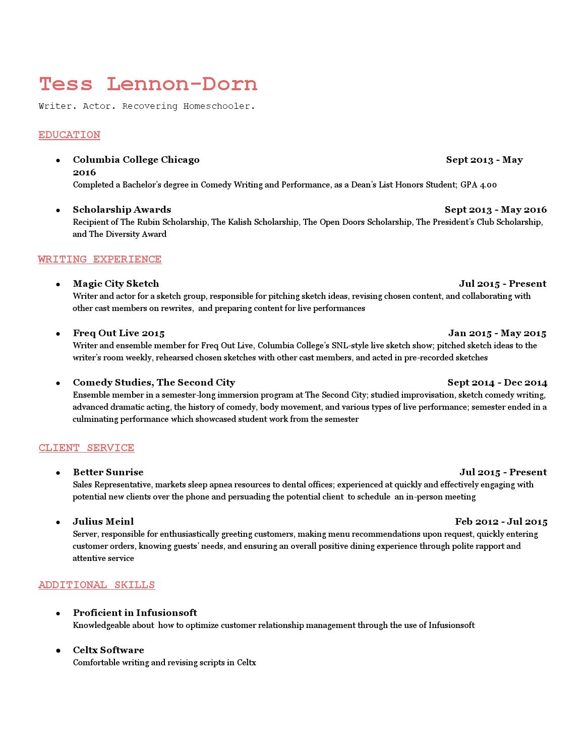 1156x1496 Resume By Tess Lennon Dorn - Comedy Sketch Ideas