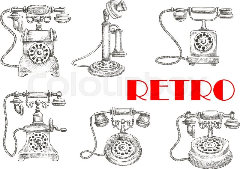 800x564 Sketch Of Retro Or Vintage Telephones With Rotary Dial And Old - Communication Sketch