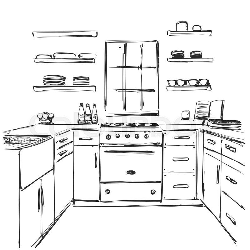 800x800 Kitchen Interior Drawing, Vector Illustration. Furniture Sketch - Computer Desk Sketch