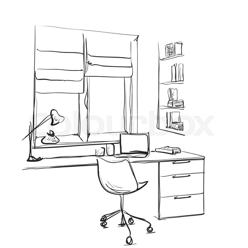 800x800 Sketch Of Modern Workspace With Work Table, Lamp And Computer - Computer Desk Sketch