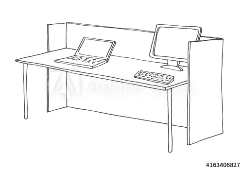 500x350 Work Desk With A Computer. Vector Illustration Of A Sketch Style - Computer Desk Sketch