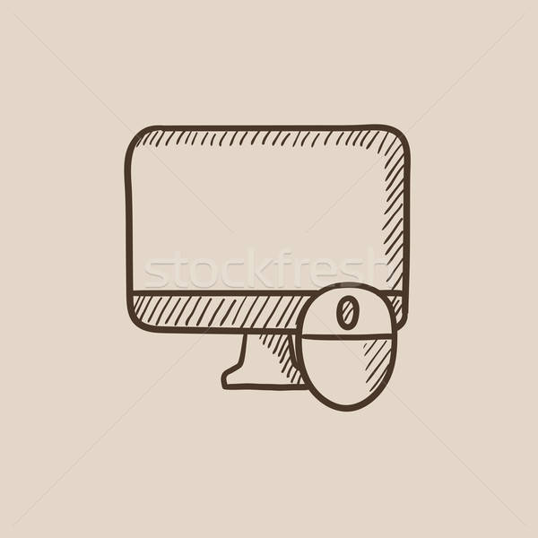 600x600 Computer Monitor And Mouse Sketch Icon. Vector Illustration - Computer Monitor Sketch