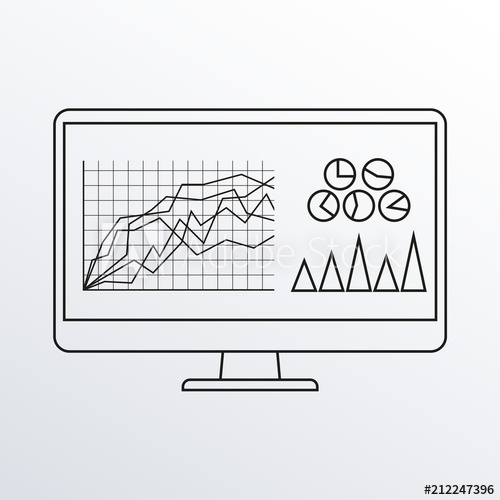 500x500 Computer Monitor Line Icon With Graph, Diagram And Charts. Pc - Computer Monitor Sketch