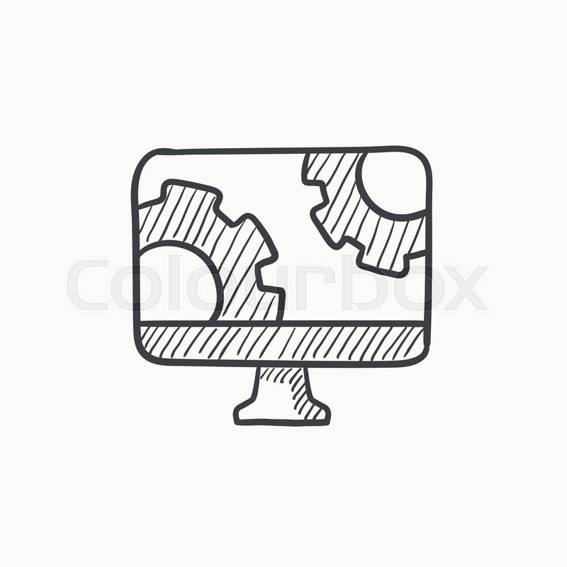 800x800 Computer Monitor With Gears Vector Sketch Icon Isolated On - Computer Monitor Sketch