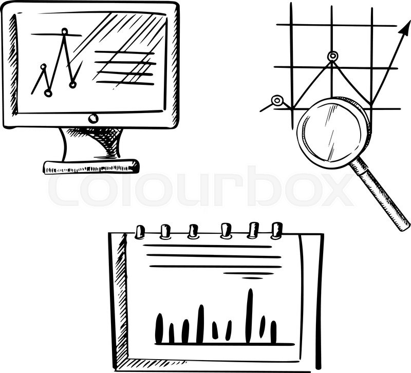 800x726 Computer Monitor With Line Chart, Notebook With Bar Graph And - Computer Monitor Sketch