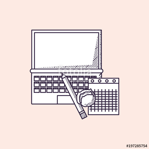 500x500 Laptop Computer With Pencil And Notepad Over Pink Background - Computer Pencil Sketch