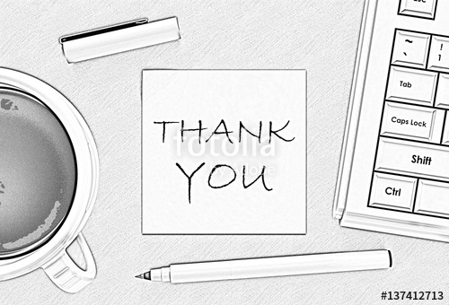 500x340 Thank You, Message On Note Paper, Computer And Coffee On Table - Computer Pencil Sketch