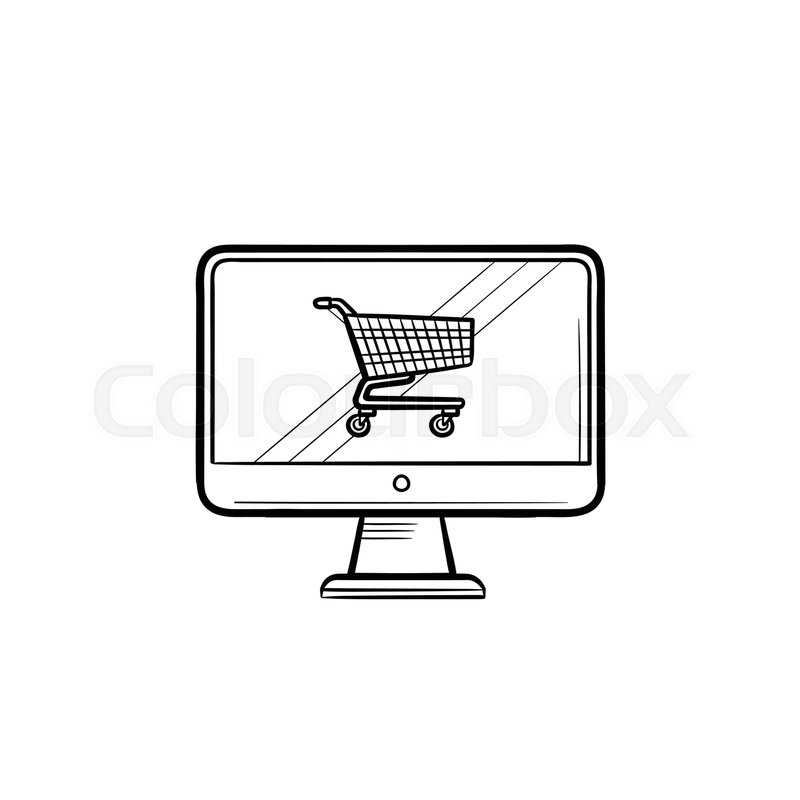 800x800 Computer Screen With Shopping Cart Hand Drawn Outline Doodle Icon - Computer Screen Sketch
