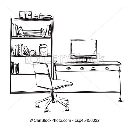 450x427 Hand Drawn Workplace. Chair And Computer Sketch. Hand Drawn - Computer Sketch