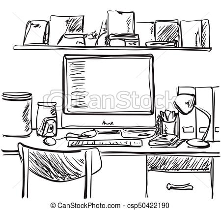 450x427 Hand Drawn Workplace. Chair And Computer Sketch. Office Interior. - Computer Sketch
