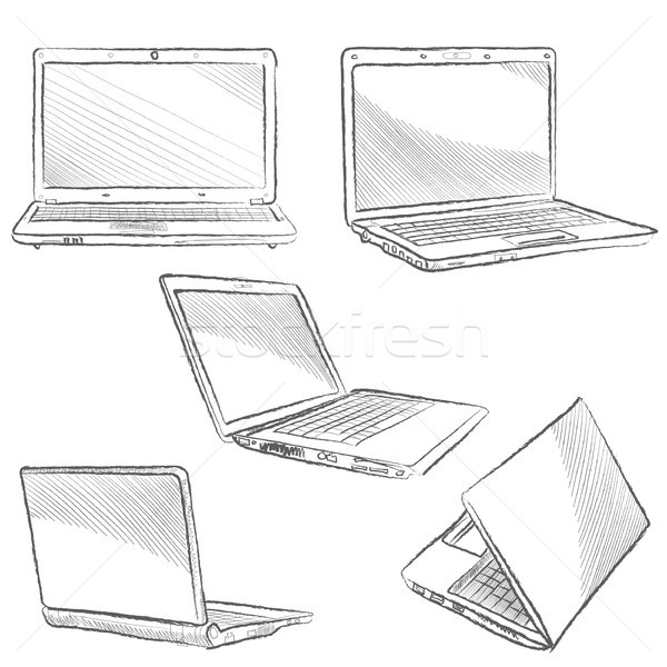600x600 Laptop Set. Computer Hand Drawn Sketch Doodle Engraved - Computer Sketch