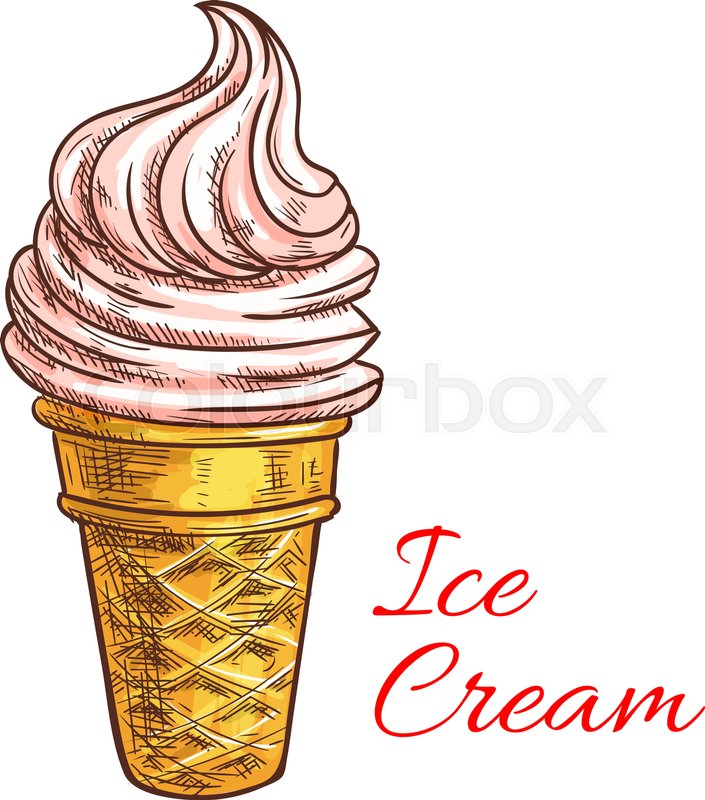 705x800 Strawberry Ice Cream Colored Sketch With Pink Swirl Of Soft Serve - Cone Sketch