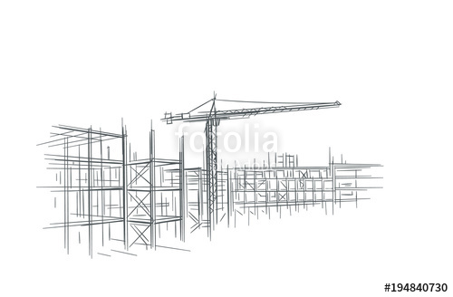 500x328 Construction Site Line Sketch, Hand Drawn, Vector. Stock Image - Construction Site Sketch