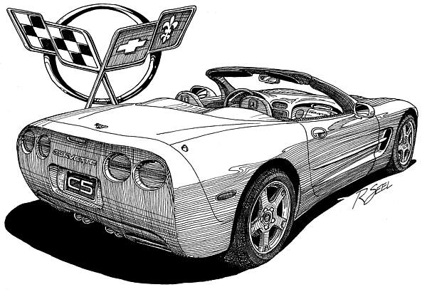 600x410 C 5 Corvette Convertible Drawing By Rod Seel - Convertible Sketch