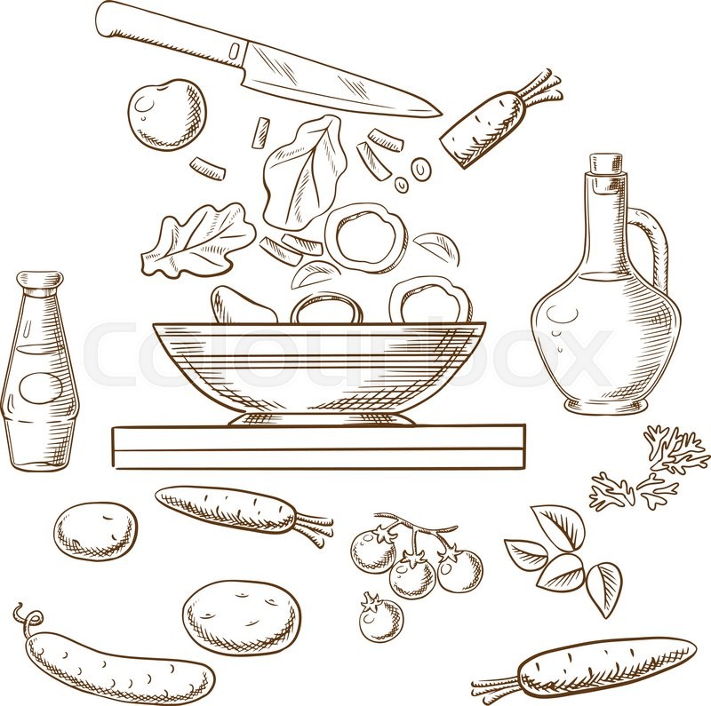 800x795 Cooking Salad Process Showing Bowl With Sliced Fresh Vegetables - Cooking Sketch