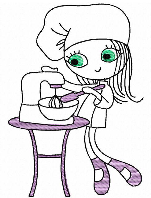 489x640 Swirly Girl Chef 3 Sketch Embroidery Design - Cooking Sketch