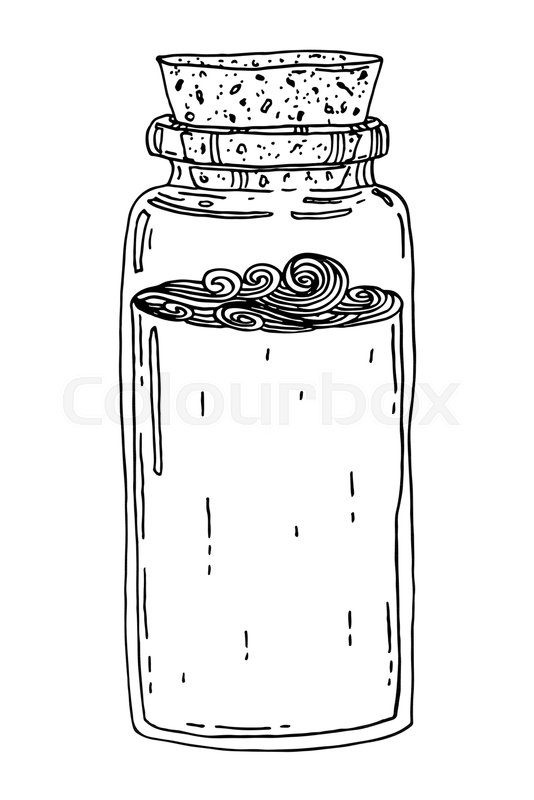 534x800 Vintage Jar With Cork Lid, Sea Waves Inside. Vector Hand Drawn - Cork Sketch