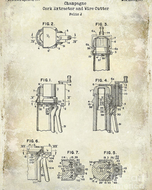 600x749 Champagne Cork Extractor And Wire Cutter Patent Drawing Poster By - Cork Sketch