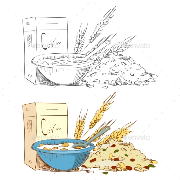 590x590 Sketch Porridge Corn Flakes And Muesli Isolated By Microvone - Corn Sketch