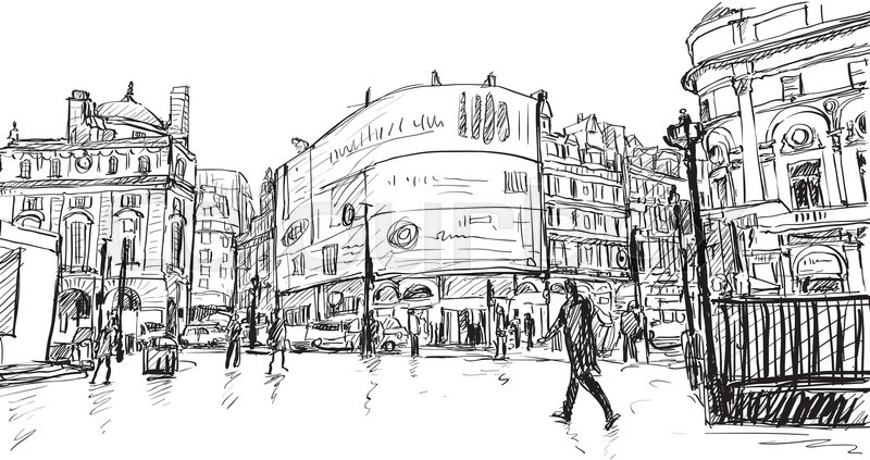 800x423 Cityscape Drawing Sketch In London England, Show Walk Street - Corner Sketch