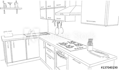 500x296 Sketch Of Contemporary Corner Kitchen. 3d Contour Illustration - Corner Sketch