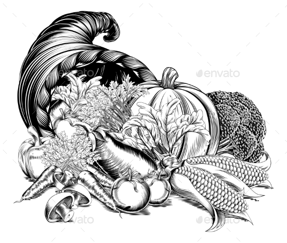 590x498 Horn Of Plenty Cornucopia Woodcut By Krisdog Graphicriver - Cornucopia Sketch