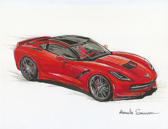 570x438 Chevrolet Stingray Painting Muscle Car Drawing Print Car Etsy - Corvette Stingray Sketch