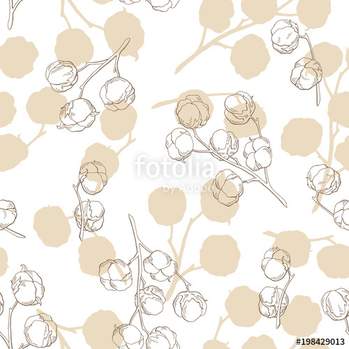 500x500 Cotton Plant Graphic Beige Color Seamless Pattern Background - Cotton Plant Sketch