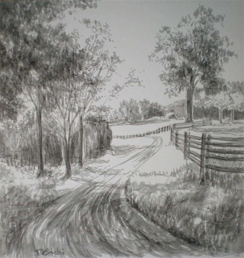 851x900 Down The Lane Drawing By Dominique Eichi - Country Road Sketch