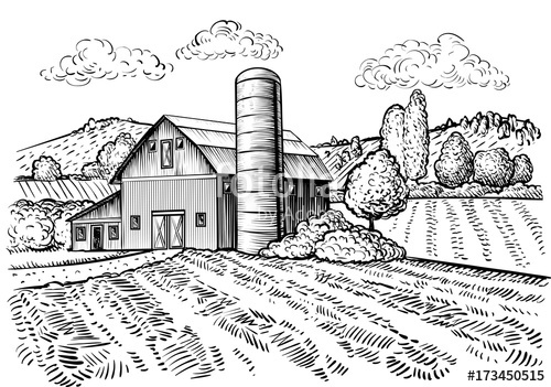 500x351 Rural Landscape, Farm Barn And Windmill Sketch. Hand Draw - Countryside Sketch