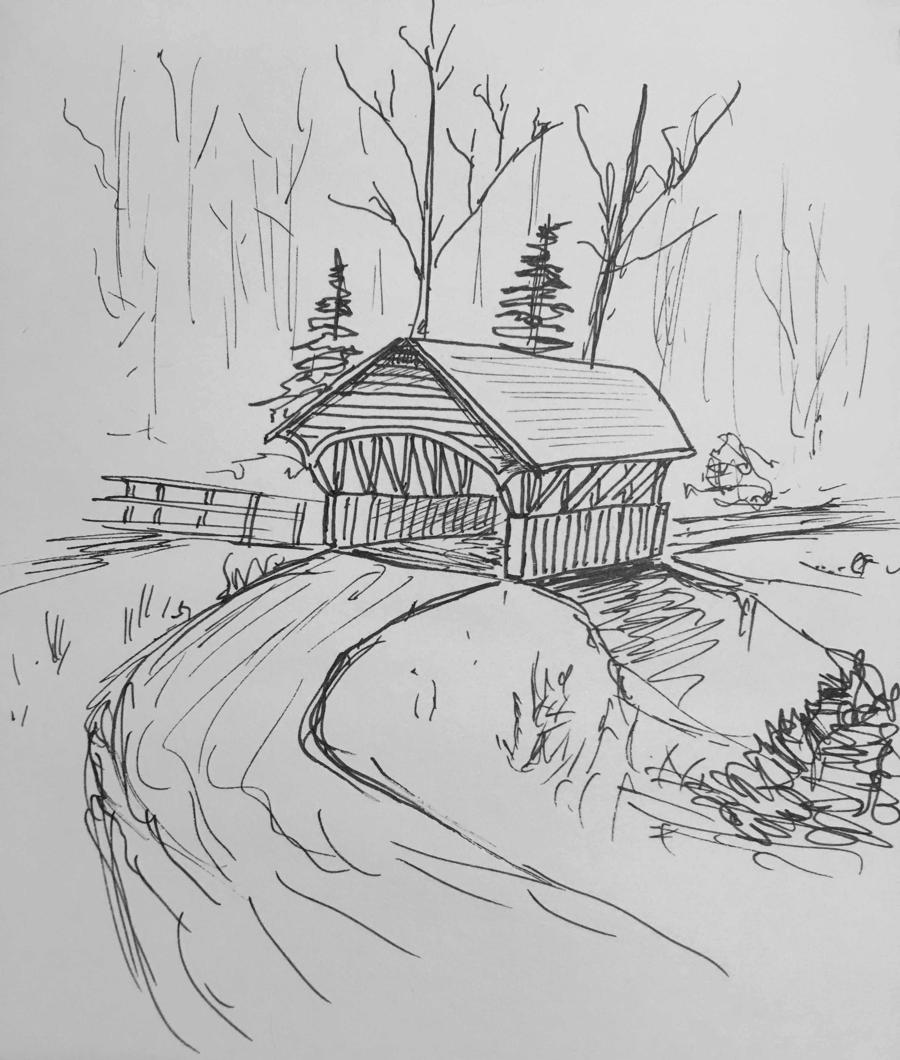 3024x3561 Quick Covered Bridge Sketch - Covered Bridge Sketches