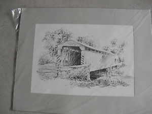 300x225 Vintage 1960s Lith O Sketch Jas F Murray Print Old Wood Covered - Covered Bridge Sketches