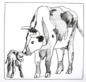 288x276 Daily Painting, Abstracted Painting Of A Cow And Her - Cow And Calf Sketch