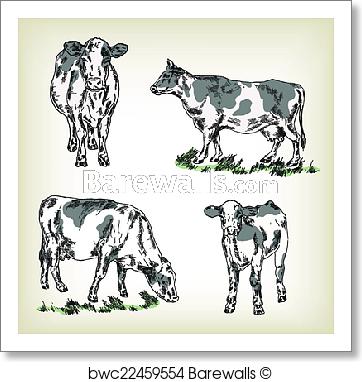 362x382 Art Print Of Milk Cow Set. Hand Drawn Vector Illustration In - Cow Sketch Art