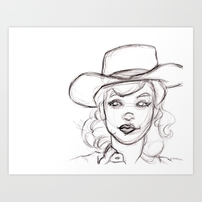 700x700 Pencil Drawing Sketch Of Retro Girl In Cowboy Hat Art Print By - Cowboy Hat Sketch