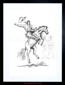 229x300 Painting Drawing Sketch Rodeo Cowboy Horse Hat Bronco Buck Framed - Cowboy Sketch