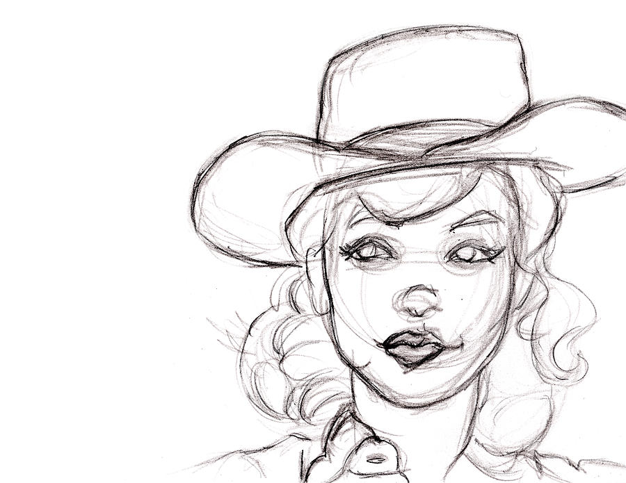 900x695 Pencil Sketch Drawing Of Retro Girl In Cowboy Hat Drawing By - Cowboy Sketch Drawings