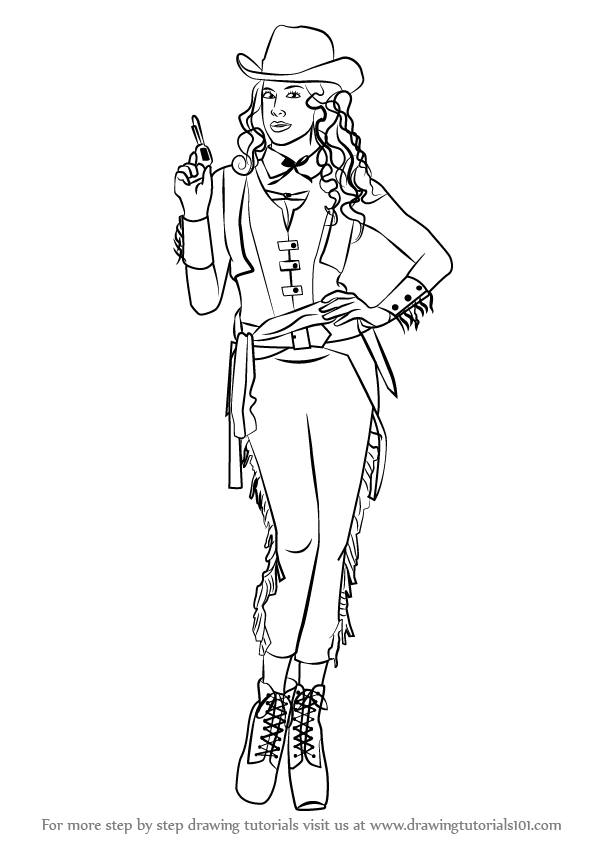 599x844 Learn How To Draw A Cowgirl (Cowboys) Step By Step Drawing Tutorials - Cowgirl Sketch