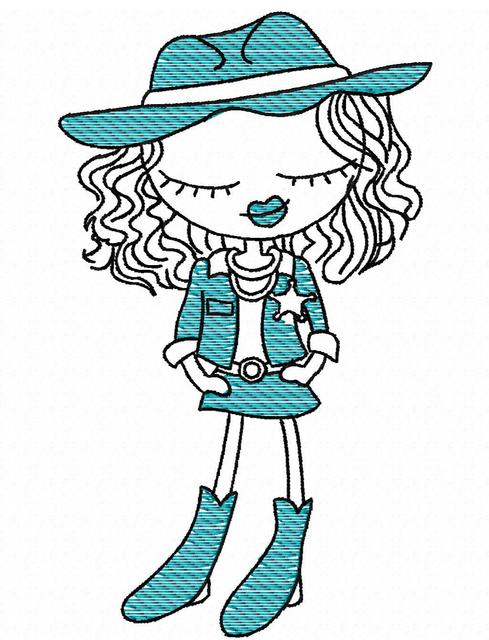 489x640 Swirly Girl Cowgirl 2 Sketch Embroidery Design - Cowgirl Sketch