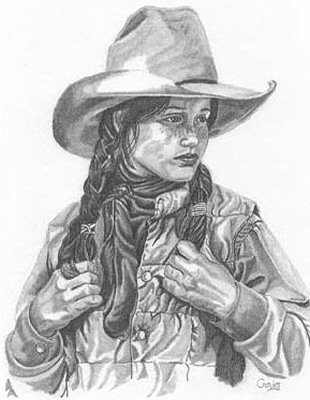 310x400 Tough Cowgirl Pencil Sketch - Cowgirl Sketch