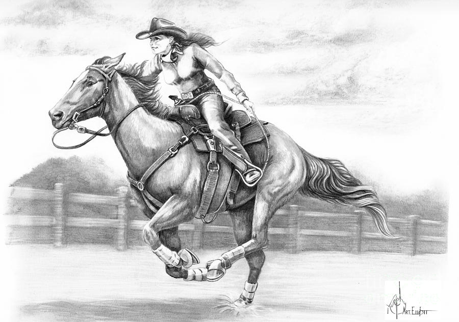 900x632 Cowgirl Full Gallop Drawing By Murphy Elliott - Cowgirl Sketch