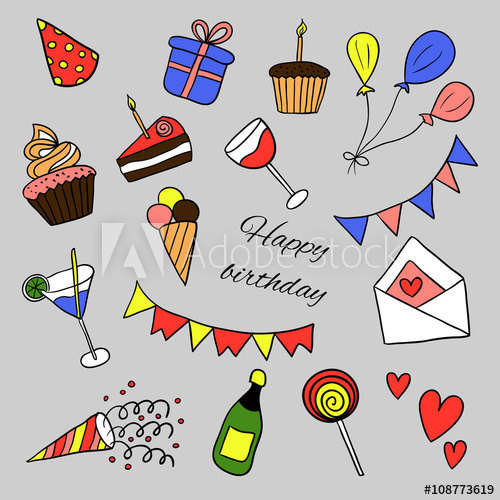 500x500 Icons Happy Birthday. Sketch, Doodles. Balloons, Cakes, Gifts - Crackers Sketch