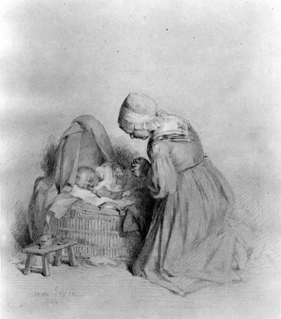 575x654 Woman Praying Beside Baby In Cradle The Walters Art Museum - Cradle Sketch