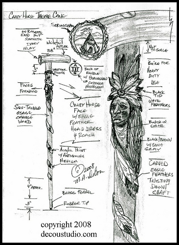 366x500 Design Sketch Crazy Horse Carved Walking Cane With Trailing - Crazy Horse Sketch