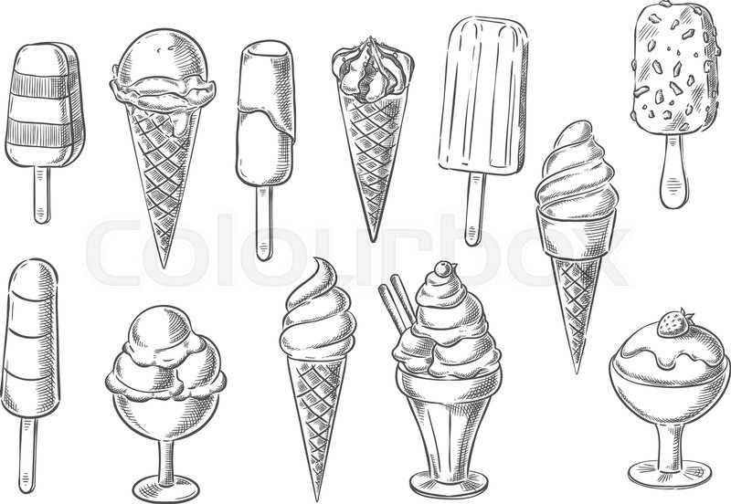 800x552 Ice Cream Sketch Icons Of Sweet Frozen Creamy Desserts, Fruity - Cream Sketch