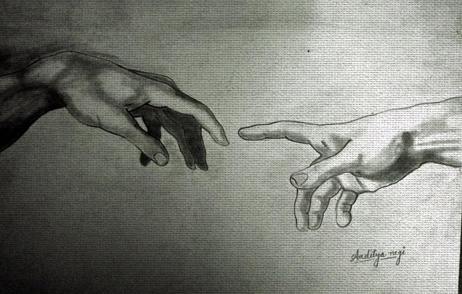 900x574 Hands From The Creation Of Adam Drawing By Aditya Negi - Creation Of Adam Sketch