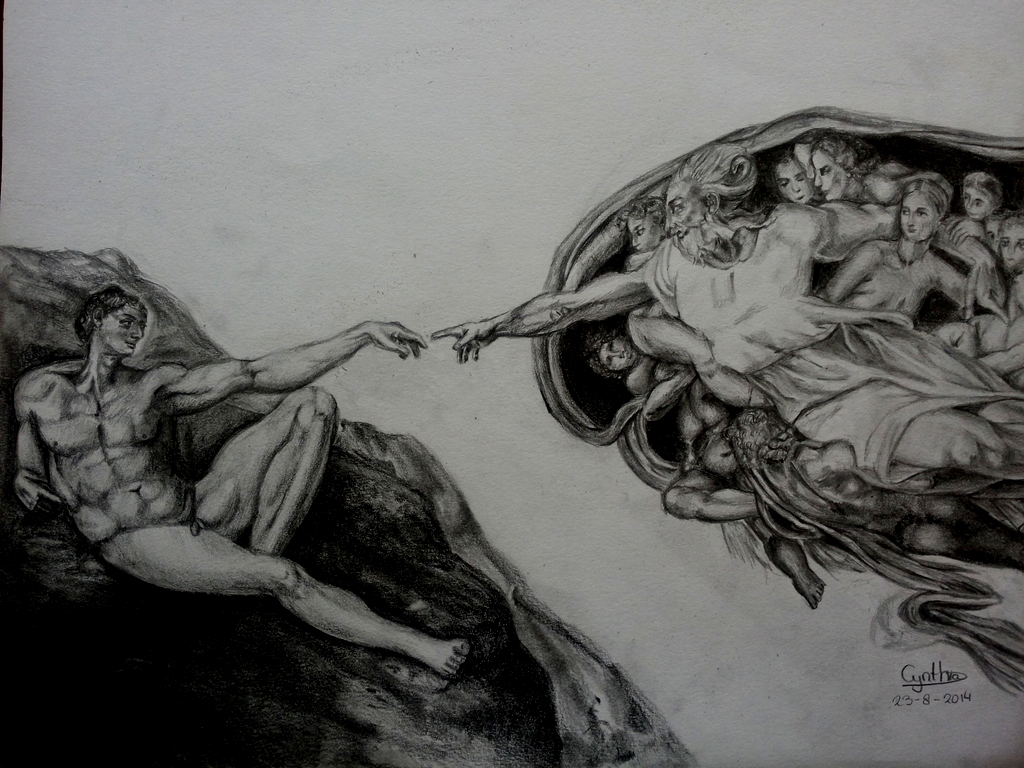 1024x768 Pencil Drawing Creation Of Adam, Michelangelo. By Planarisu On - Creation Of Adam Sketch