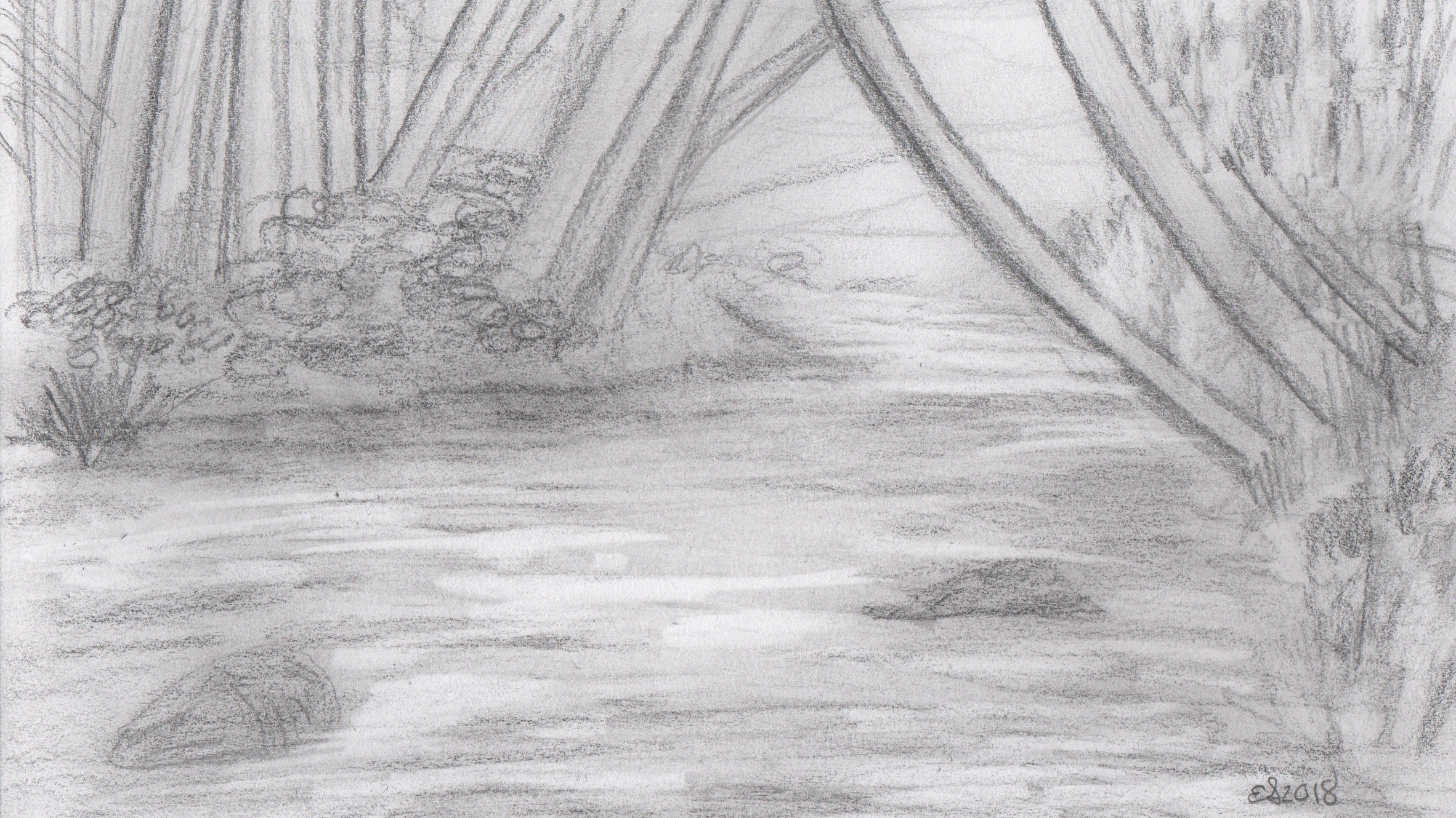 2364x1330 Sketch Of A Creek Visual Art - Creek Sketch